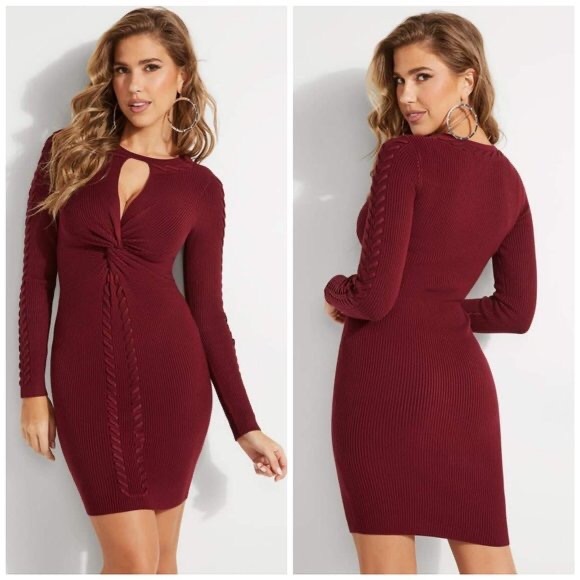 GUESS Women’s Twist Front Ramel Burgundy Sweater Dress - Size XXS, 00 - Picture 1 of 6